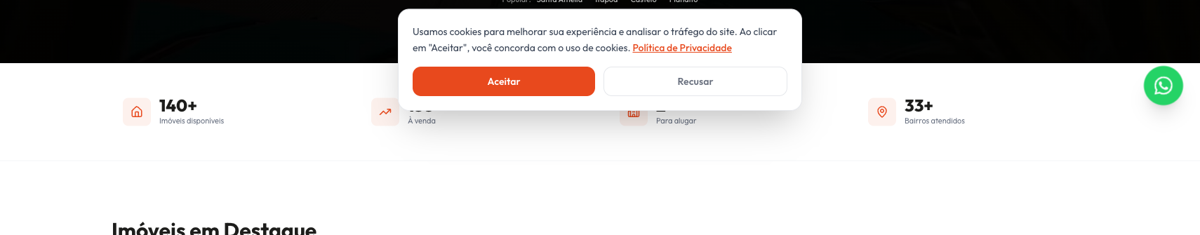 Aviso de cookies cobrindo os números de destaque do site